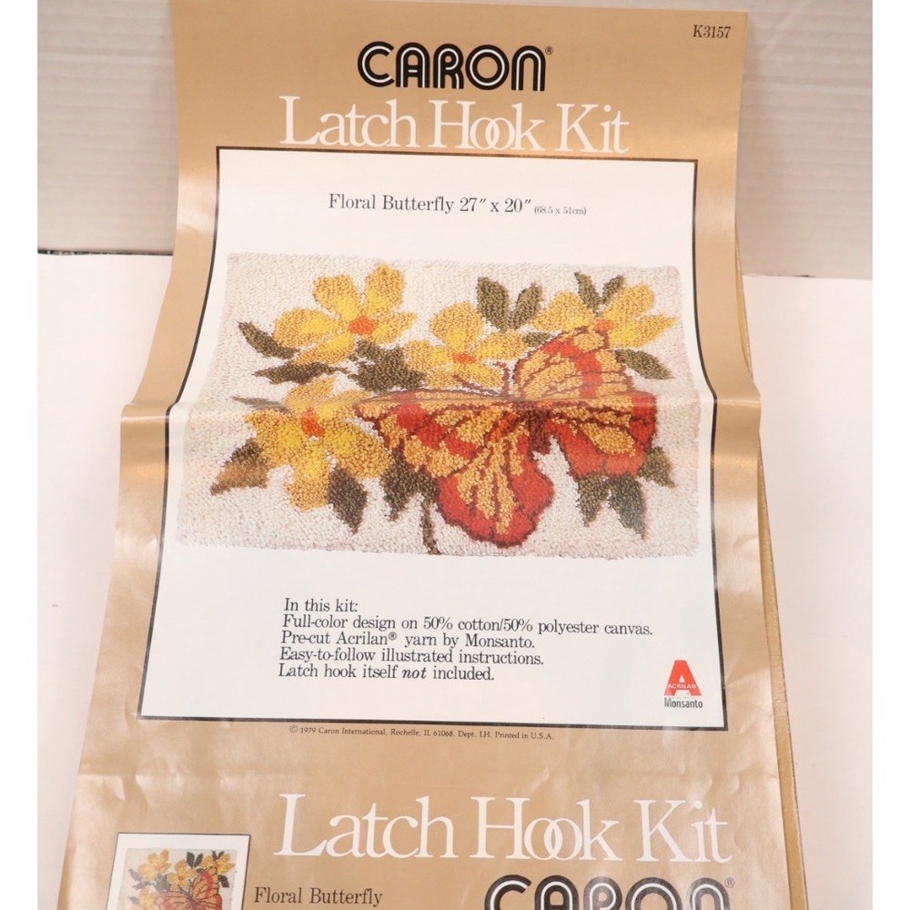 VTG 70s Caron Latch Hook Kit Floral Butterfly 27x20 1979 w/ Instructions K3157